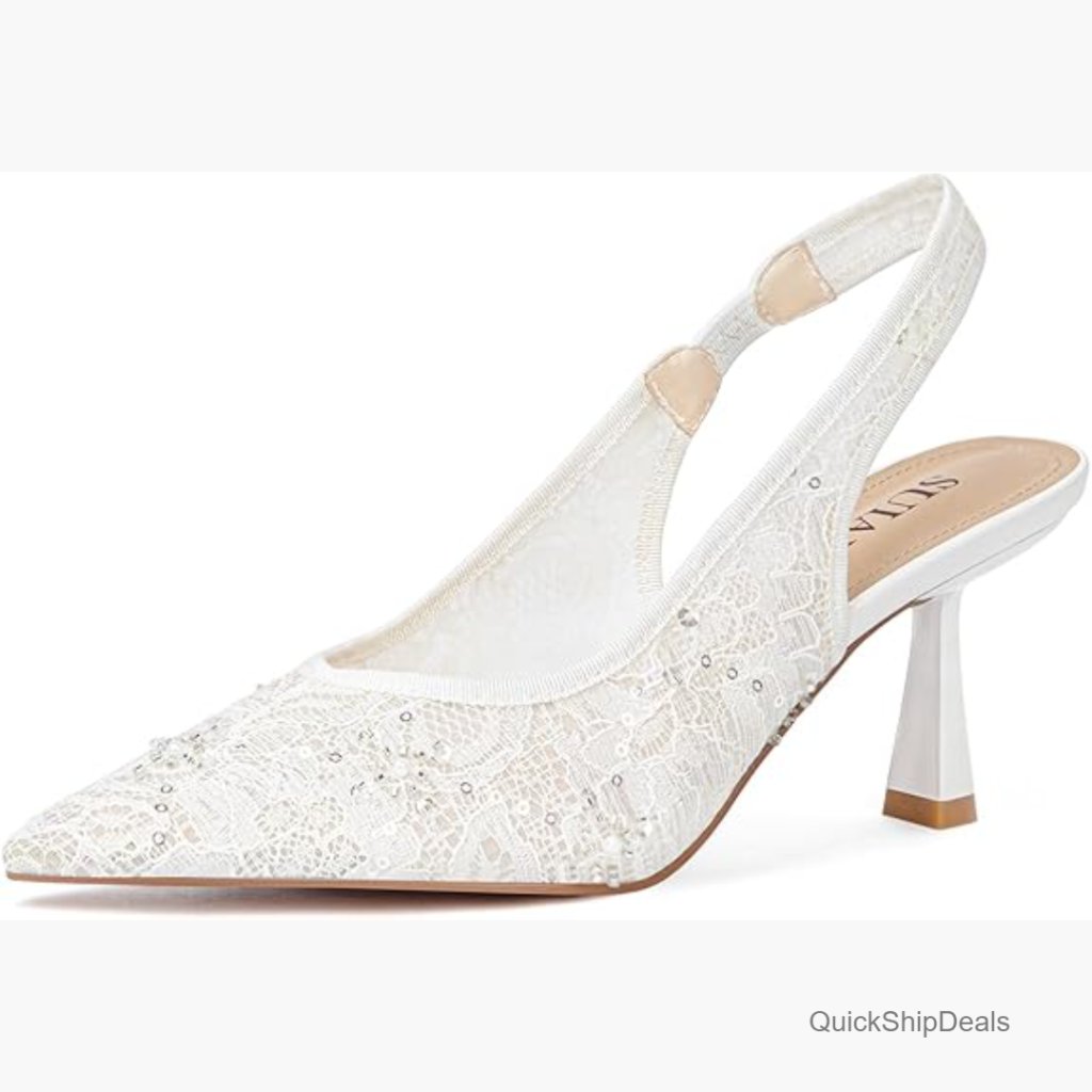 Slingback Wedding Heels Lace Mesh Kitten Heel Closed Pointed Toe Pearl Pumps